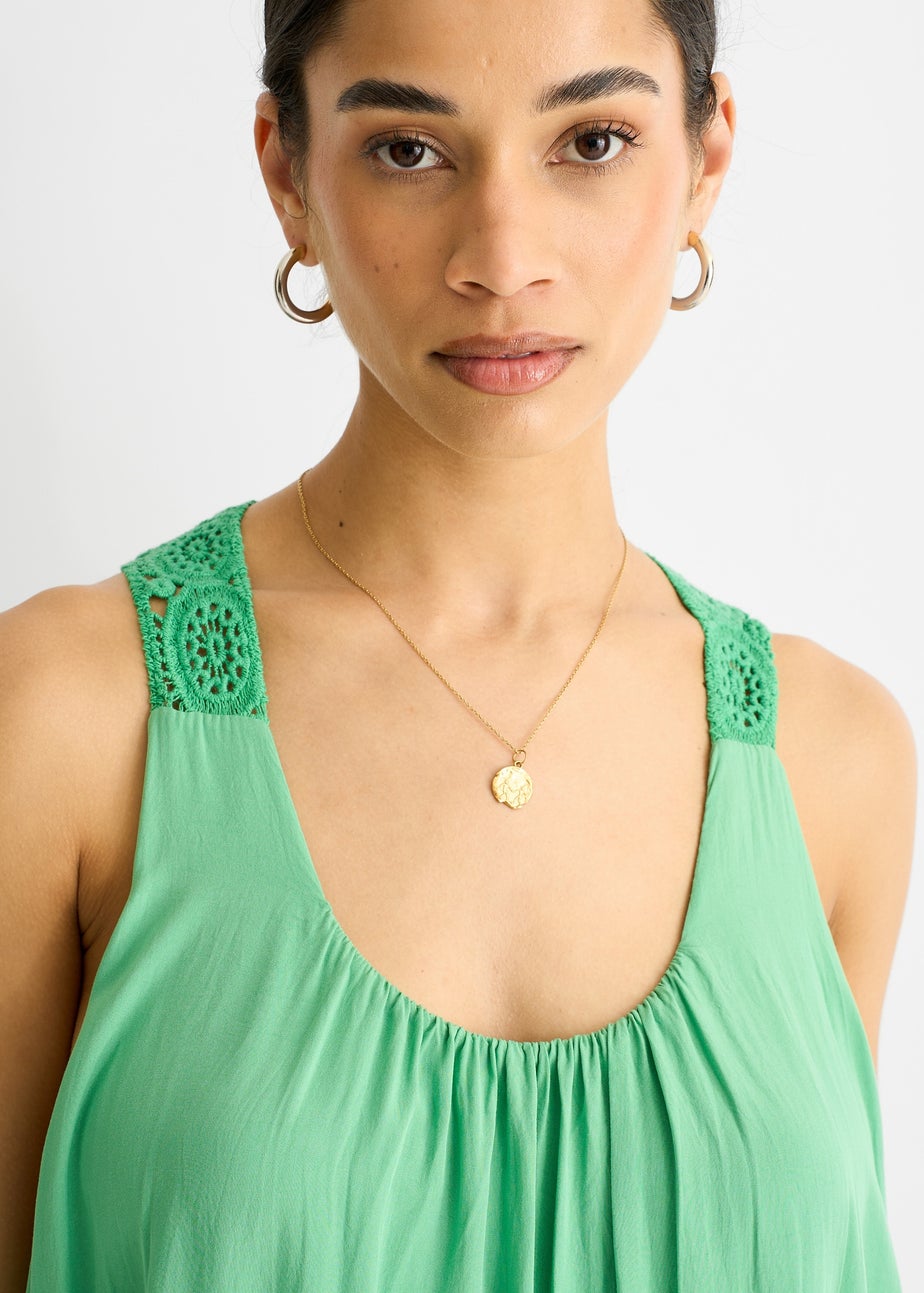 Gini London Green Crochet Panel Double Layer Cotton Mini Dress