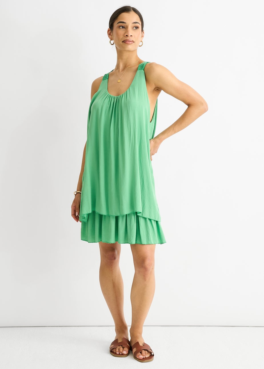 Gini London Green Crochet Panel Double Layer Cotton Mini Dress