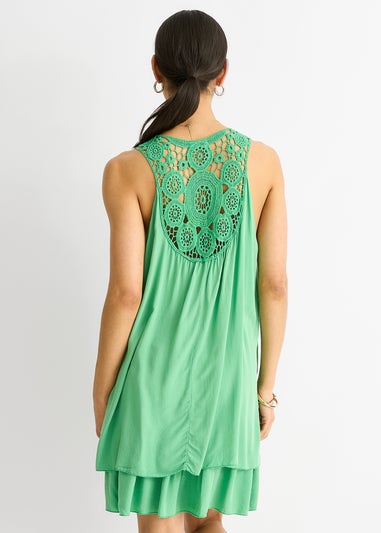 Gini London Green Crochet Panel Double Layer Cotton Mini Dress