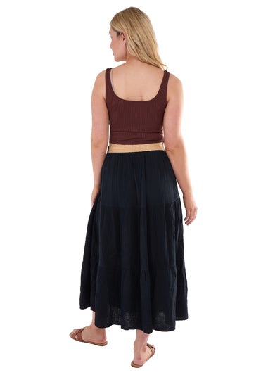 Gini London Black Cotton Seersucker Belted Maxi Skirt