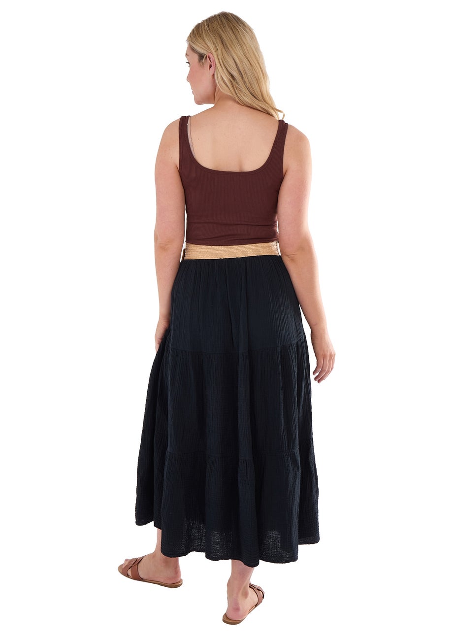 Gini London Black Cotton Seersucker Belted Maxi Skirt