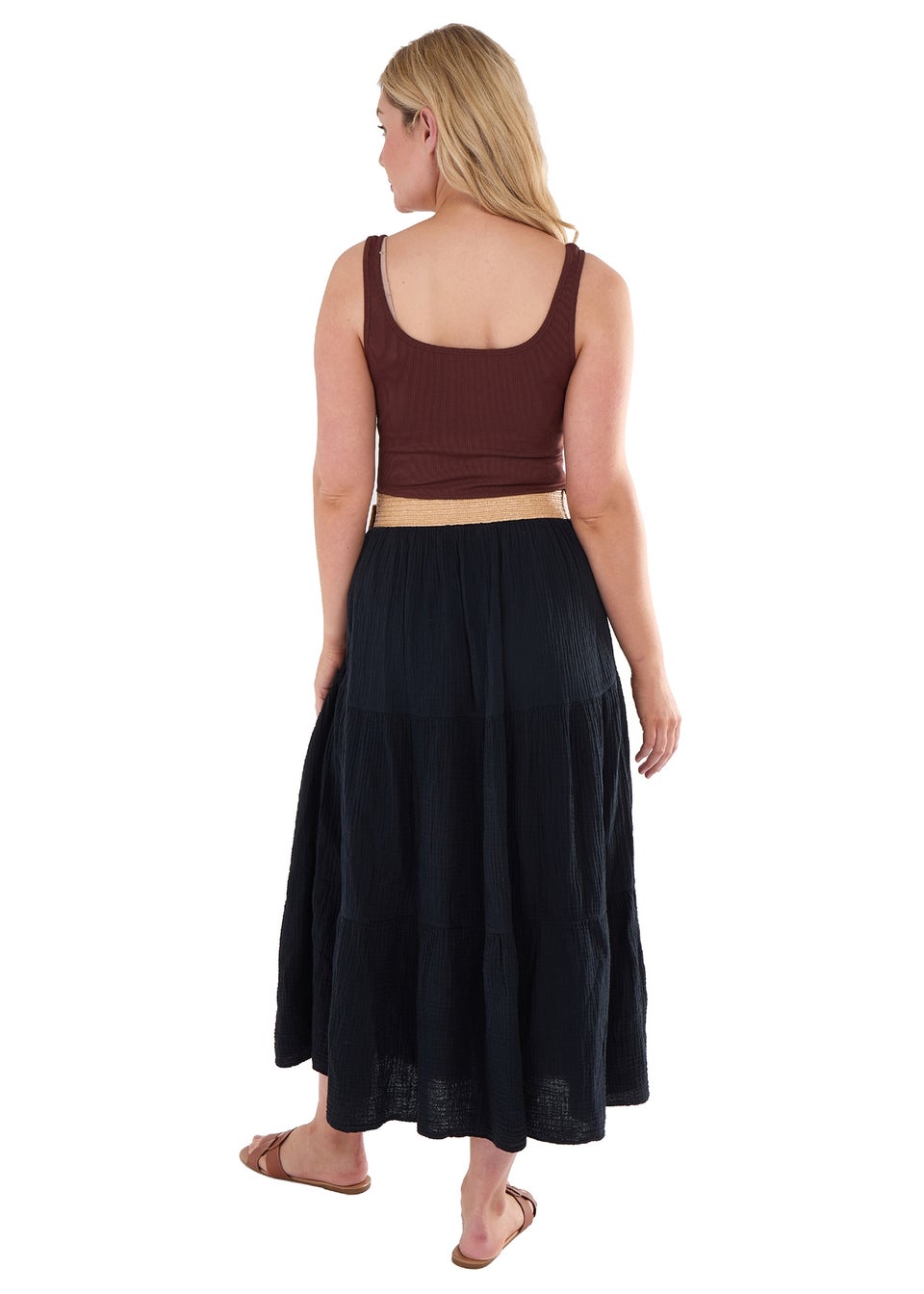 Gini London Black Cotton Seersucker Belted Maxi Skirt