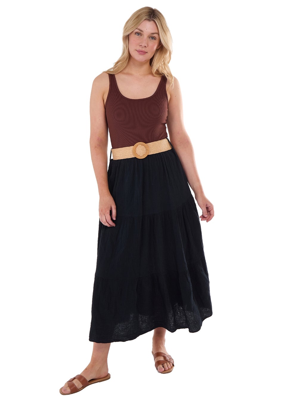 Gini London Black Cotton Seersucker Belted Maxi Skirt