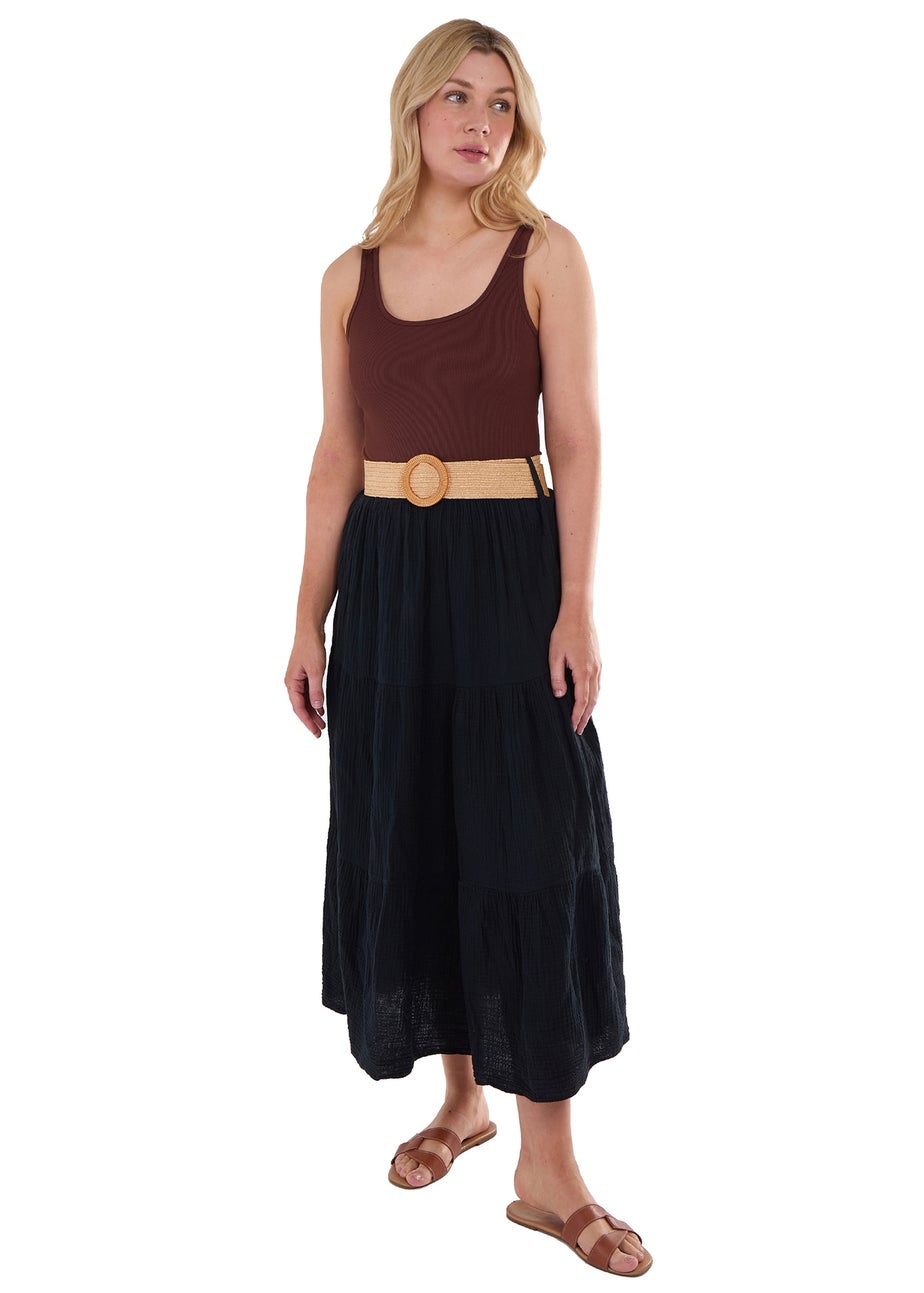 Gini London Black Cotton Seersucker Belted Maxi Skirt