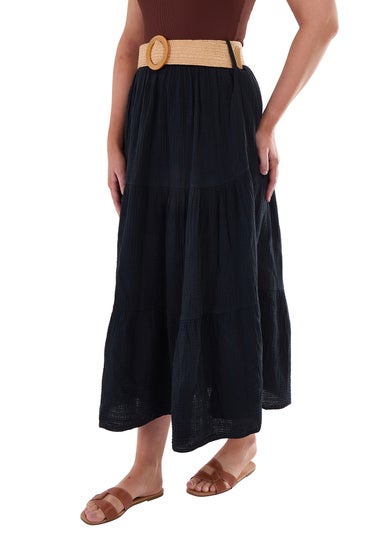 Gini London Black Cotton Seersucker Belted Maxi Skirt