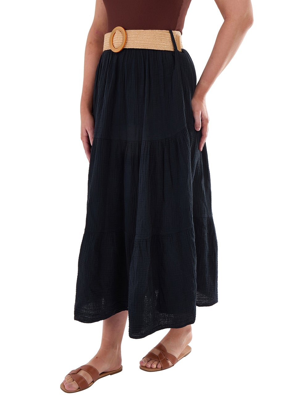 Gini London Black Cotton Seersucker Belted Maxi Skirt
