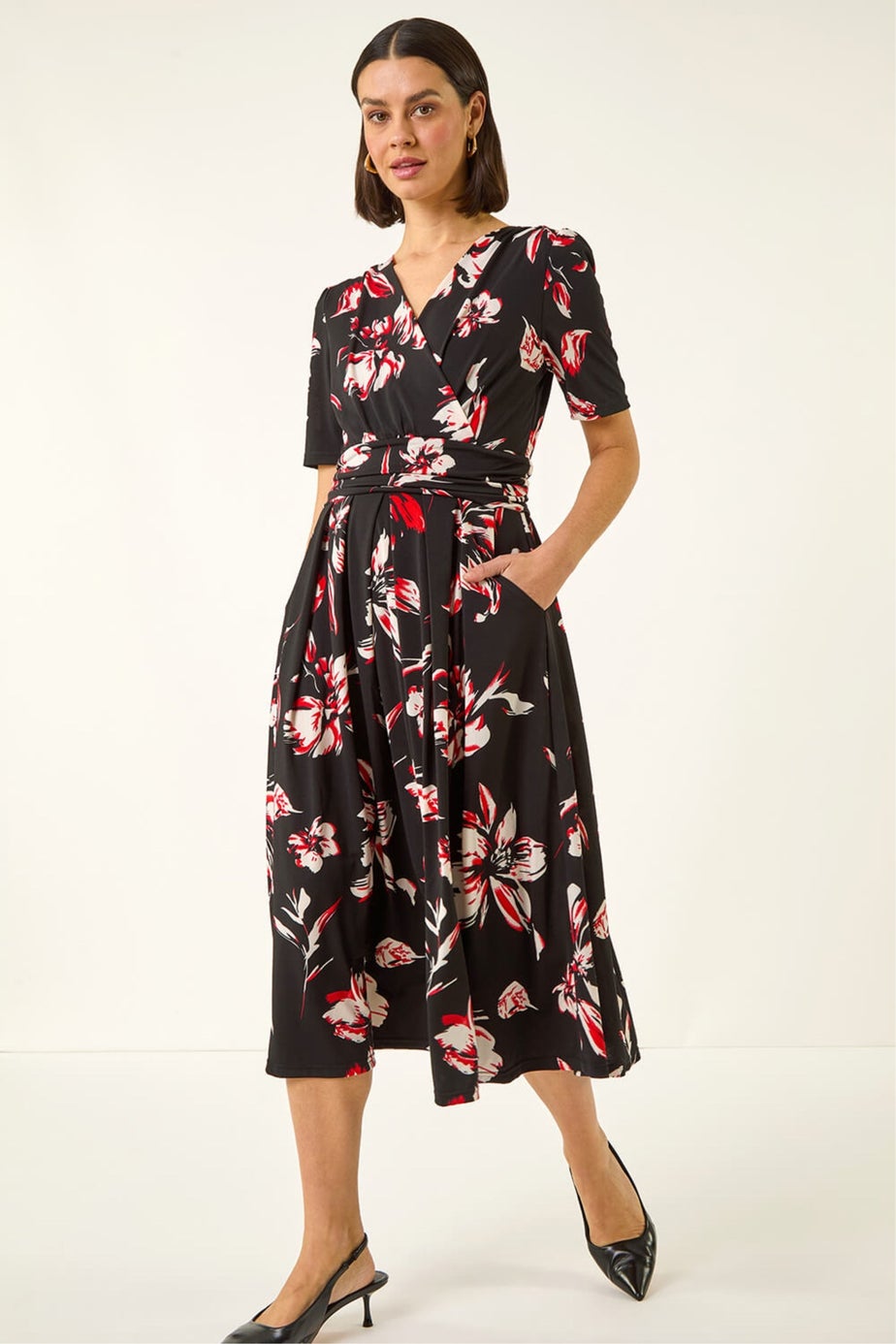 Roman Red Floral Wrap Midi Dress