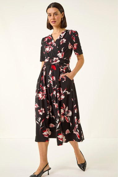 Roman Red Floral Wrap Midi Dress