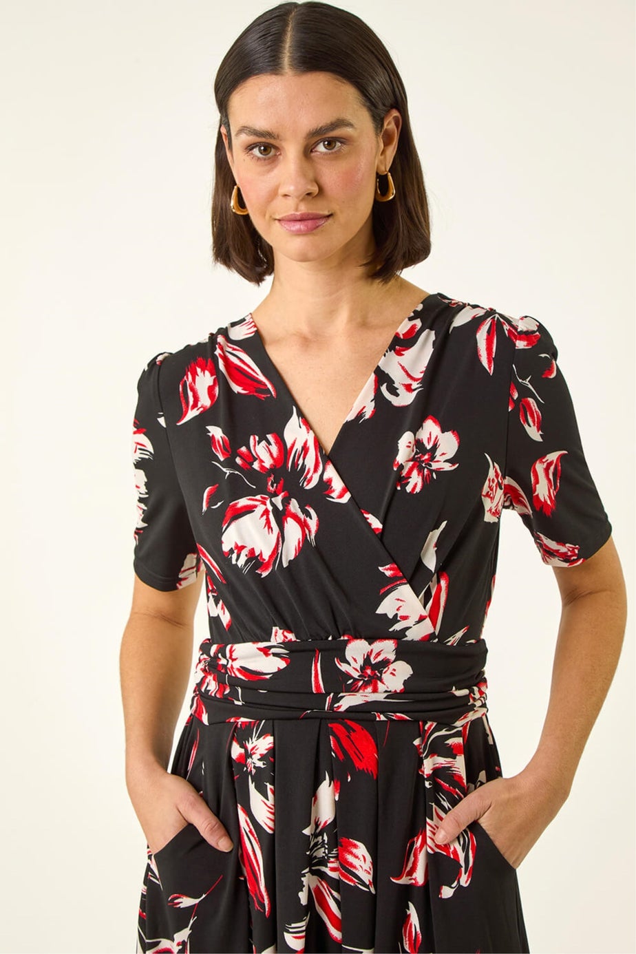 Roman Red Floral Wrap Midi Dress