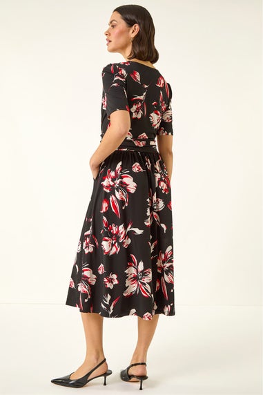 Roman Red Floral Wrap Midi Dress