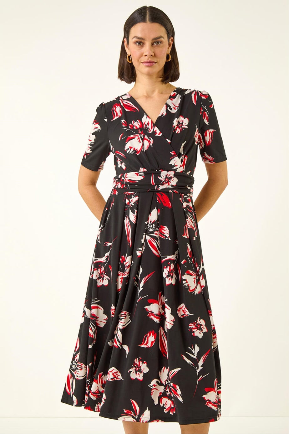 Roman Red Floral Wrap Midi Dress