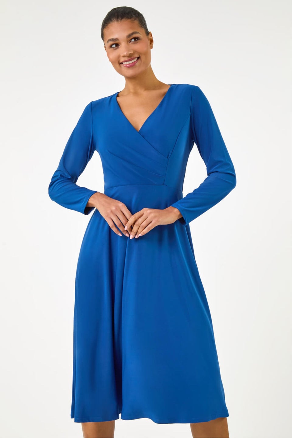 Roman Royal Blue Wrap Bodice Tie Waist Midi Dress