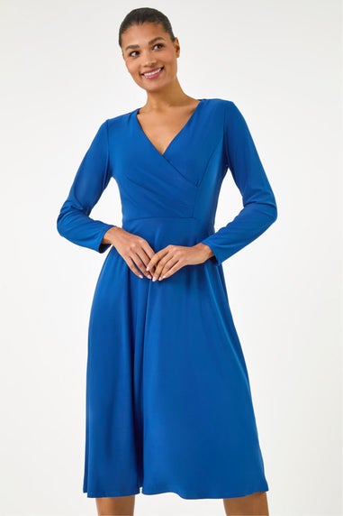 Roman Royal Blue Wrap Bodice Tie Waist Midi Dress