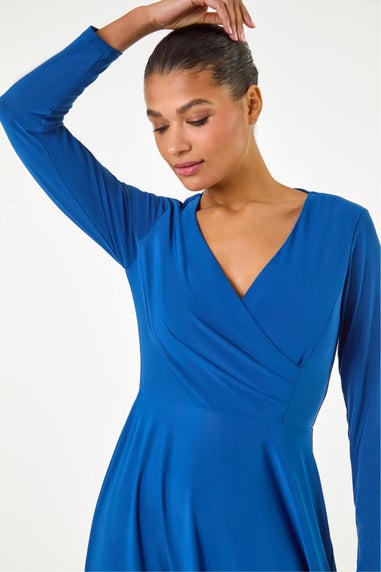 Roman Royal Blue Wrap Bodice Tie Waist Midi Dress