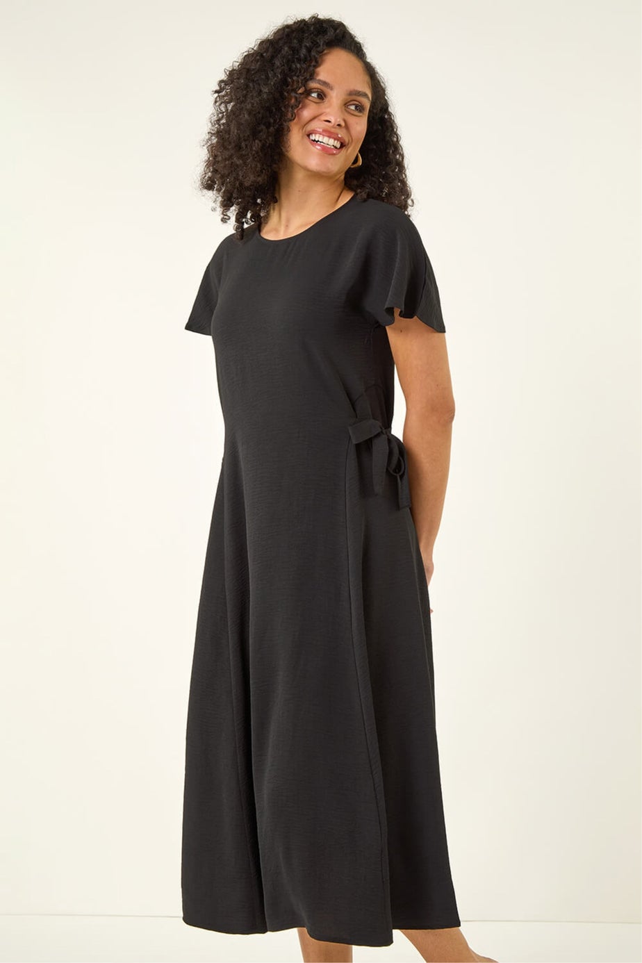 Roman Black Side Tie Detail Midi Dress