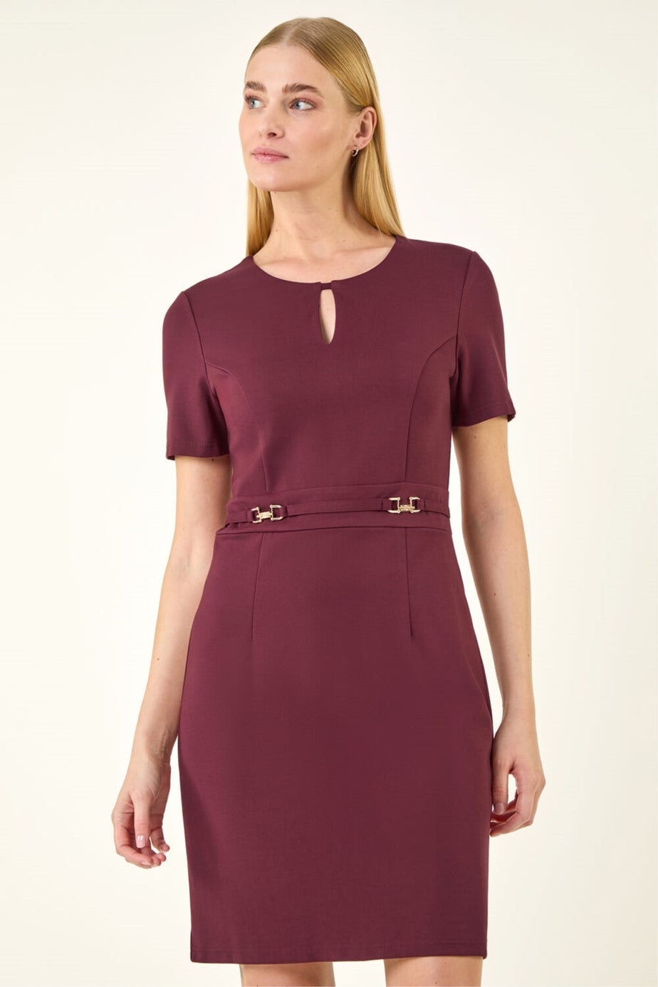 Roman Wine Front Keyhole Belted Dress