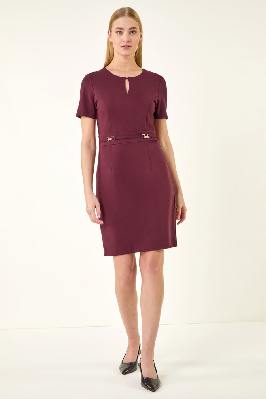 Roman Wine Front Keyhole Belted Dress