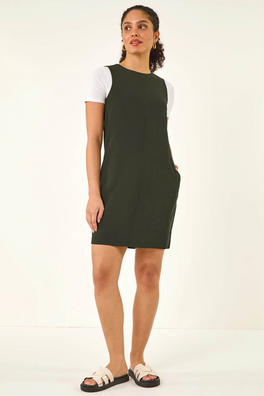 Roman Khaki Seam Detail Pocket Shift Dress