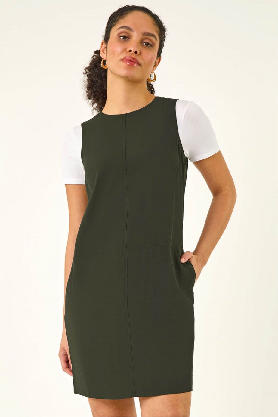 Roman Khaki Seam Detail Pocket Shift Dress
