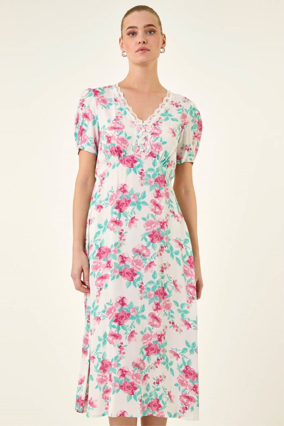 Roman Ivory Floral Lace Trim Midi Dress