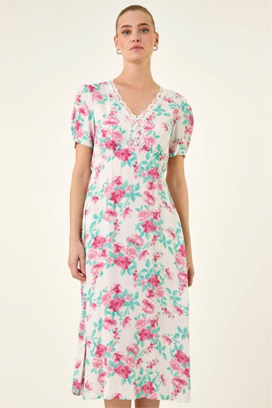 Roman Ivory Floral Lace Trim Midi Dress