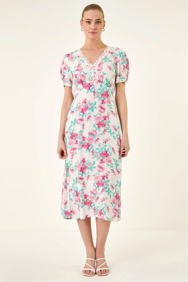Roman Ivory Floral Lace Trim Midi Dress