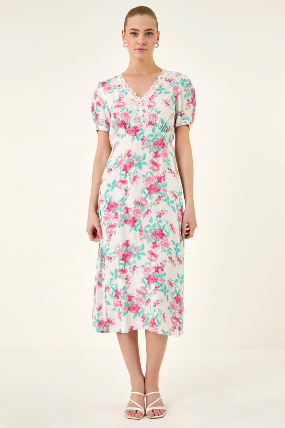 Roman Ivory Floral Lace Trim Midi Dress