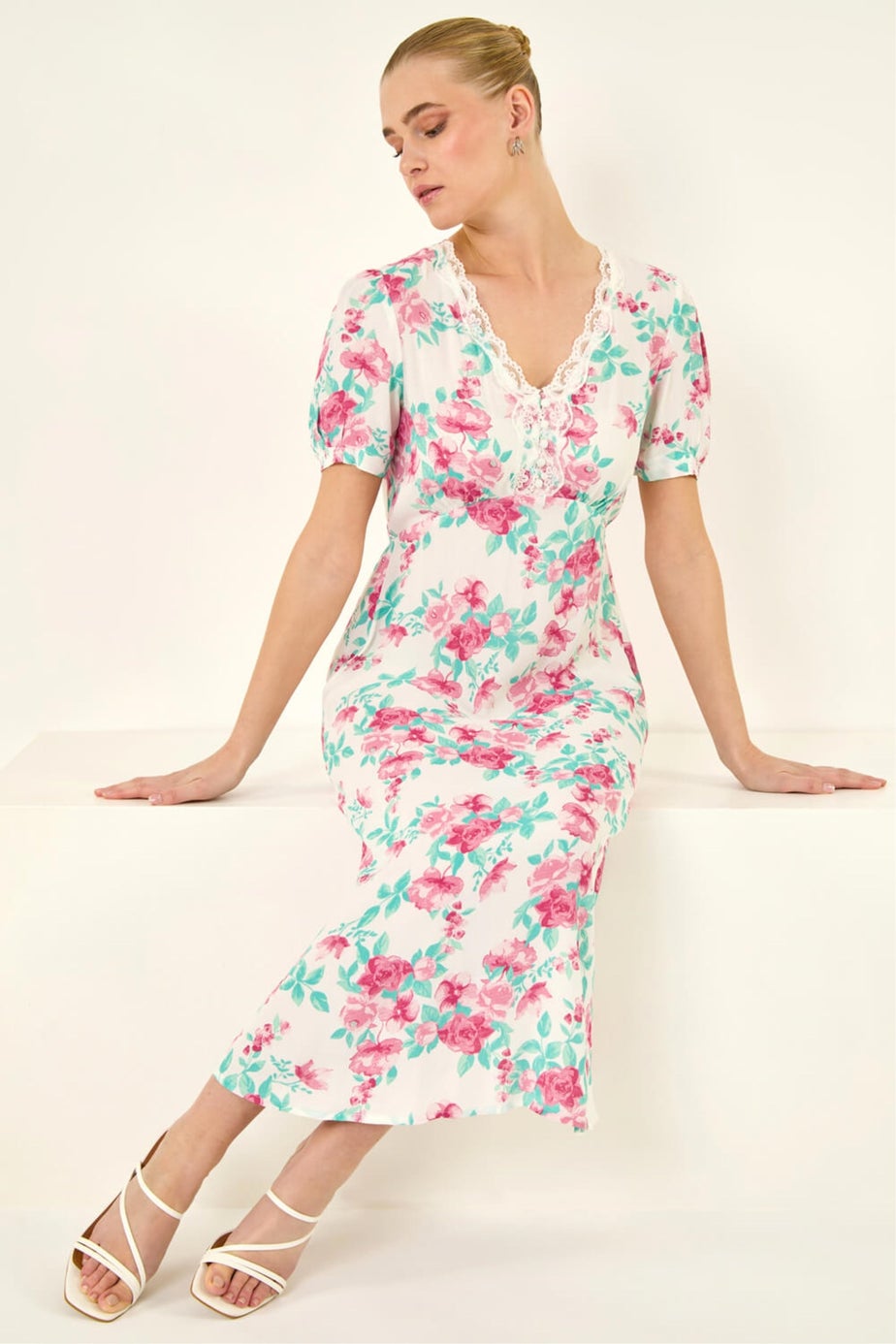 Roman Ivory Floral Lace Trim Midi Dress