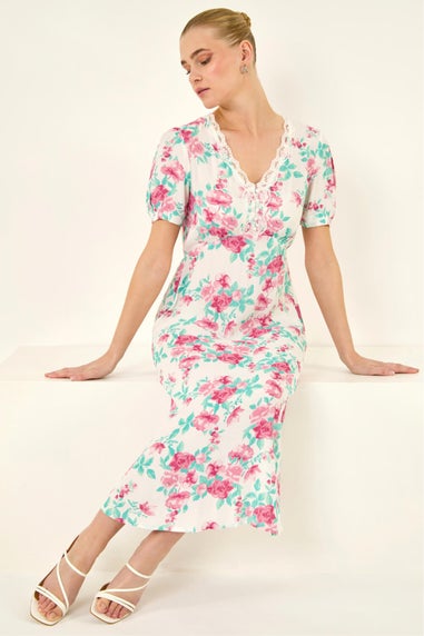Roman Ivory Floral Lace Trim Midi Dress
