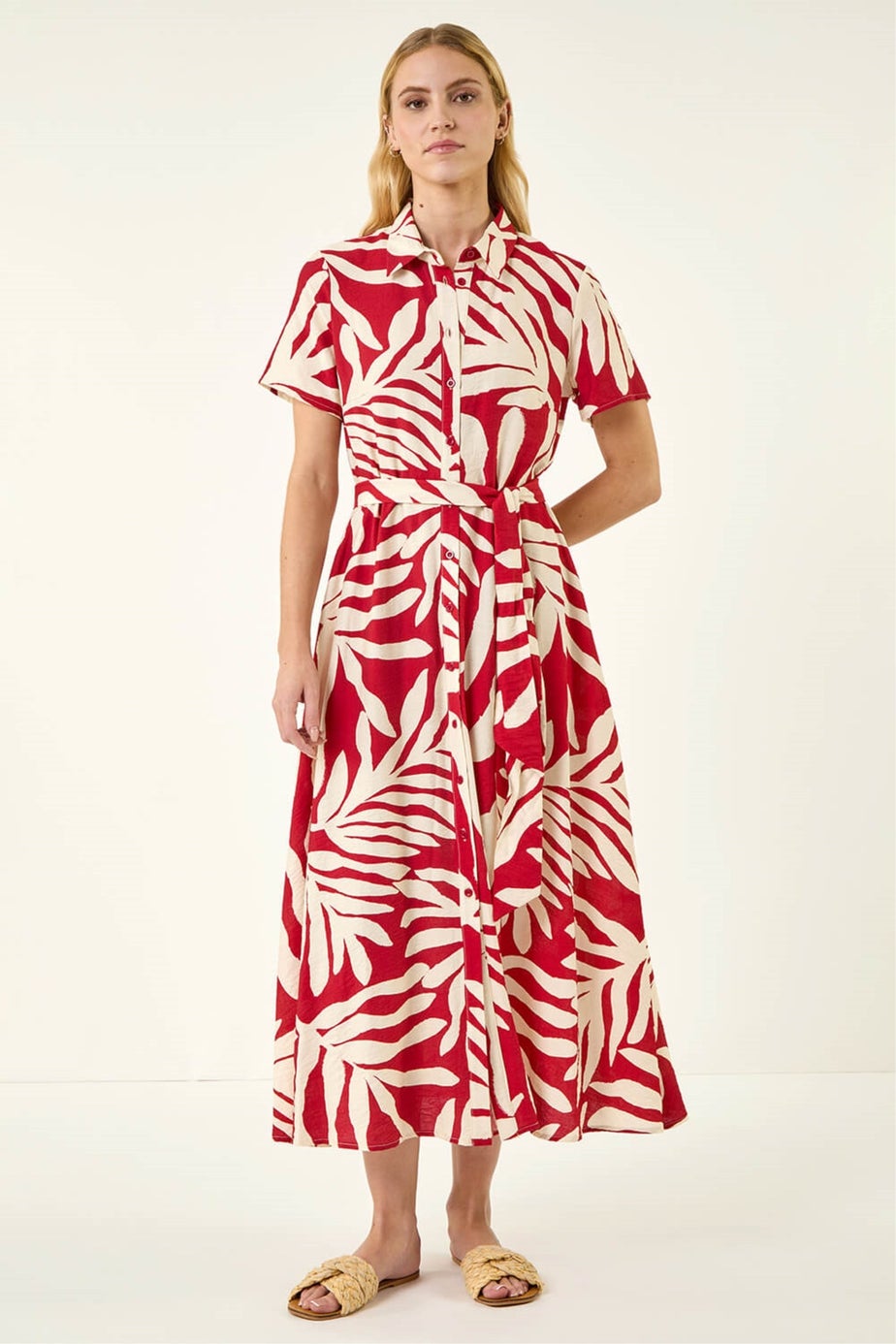 Roman Red Leaf Print Belted Midi Shirt Dress