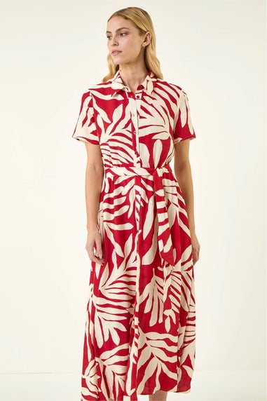 Roman Red Leaf Print Belted Midi Shirt Dress