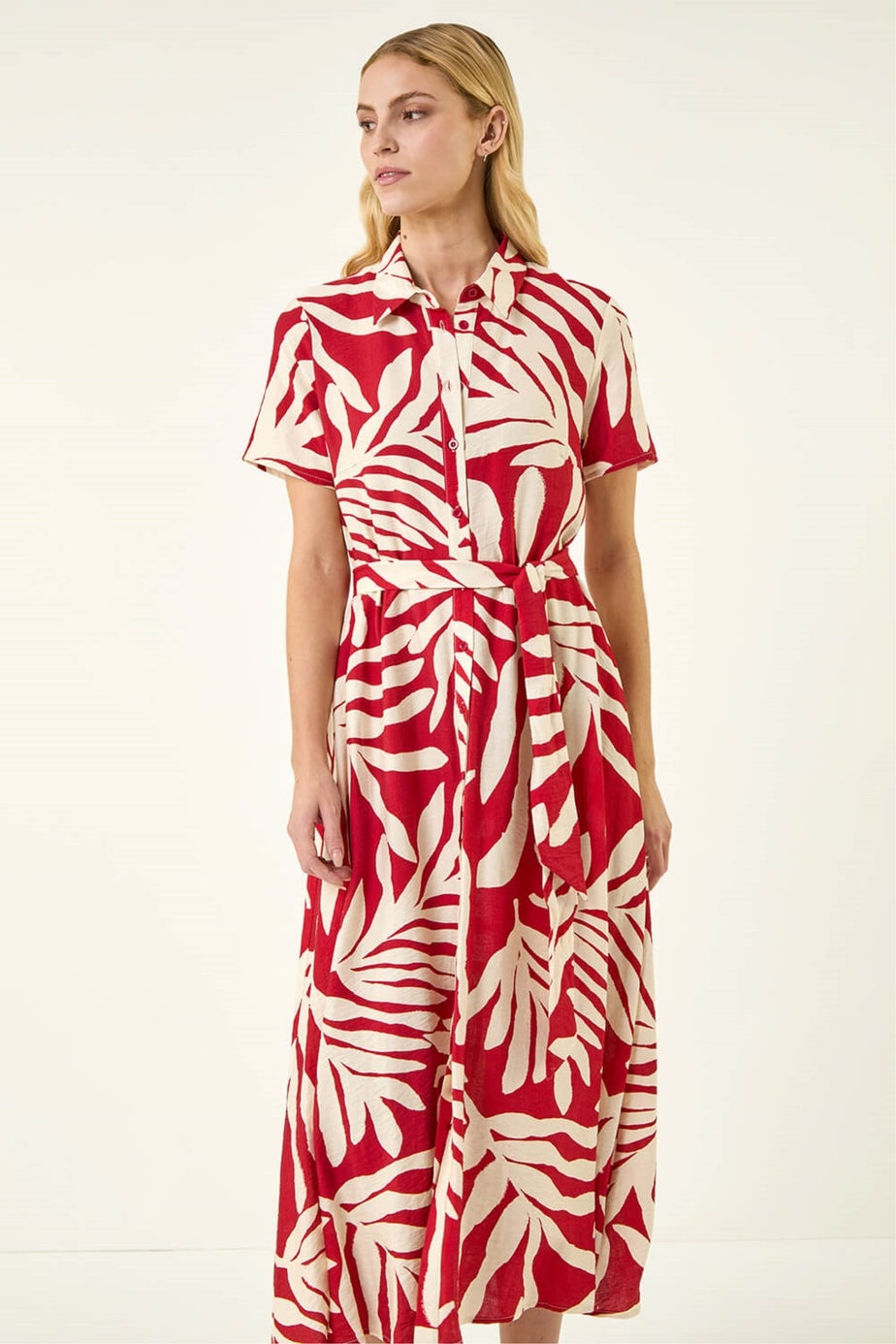 Roman Red Leaf Print Belted Midi Shirt Dress