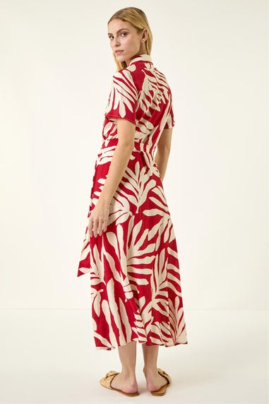 Roman Red Leaf Print Belted Midi Shirt Dress