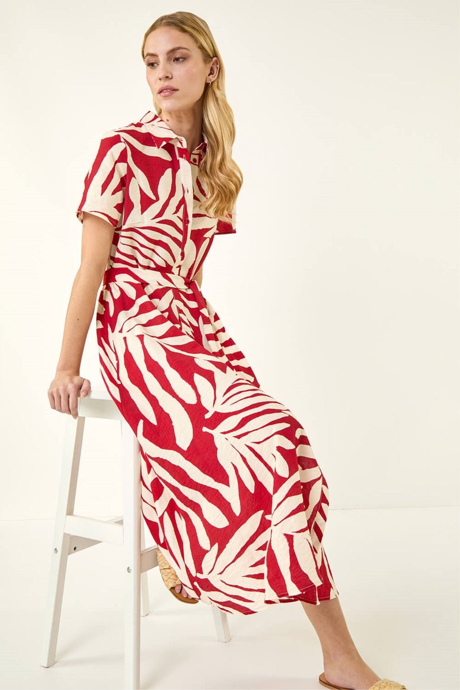 Roman Red Leaf Print Belted Midi Shirt Dress