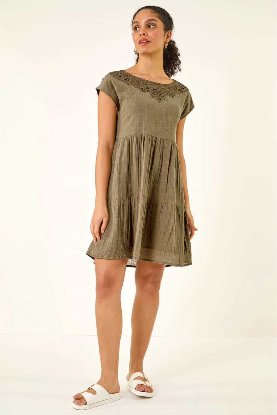 Roman Khaki Cotton Trim Detail Mini Dress