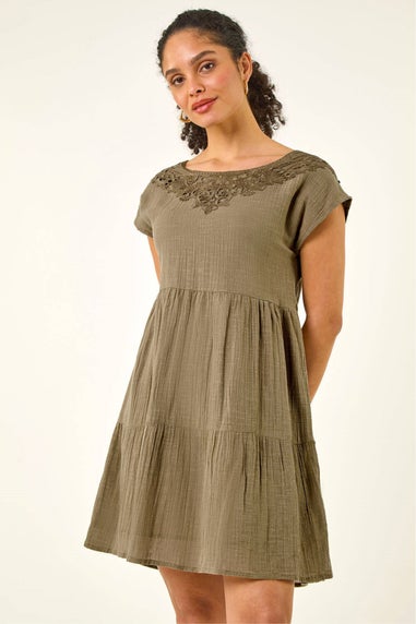 Roman Khaki Cotton Trim Detail Mini Dress