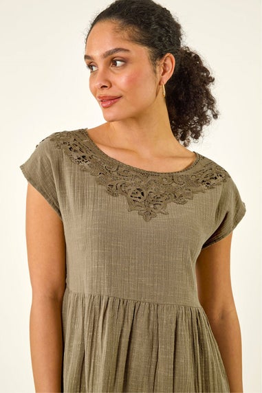Roman Khaki Cotton Trim Detail Mini Dress