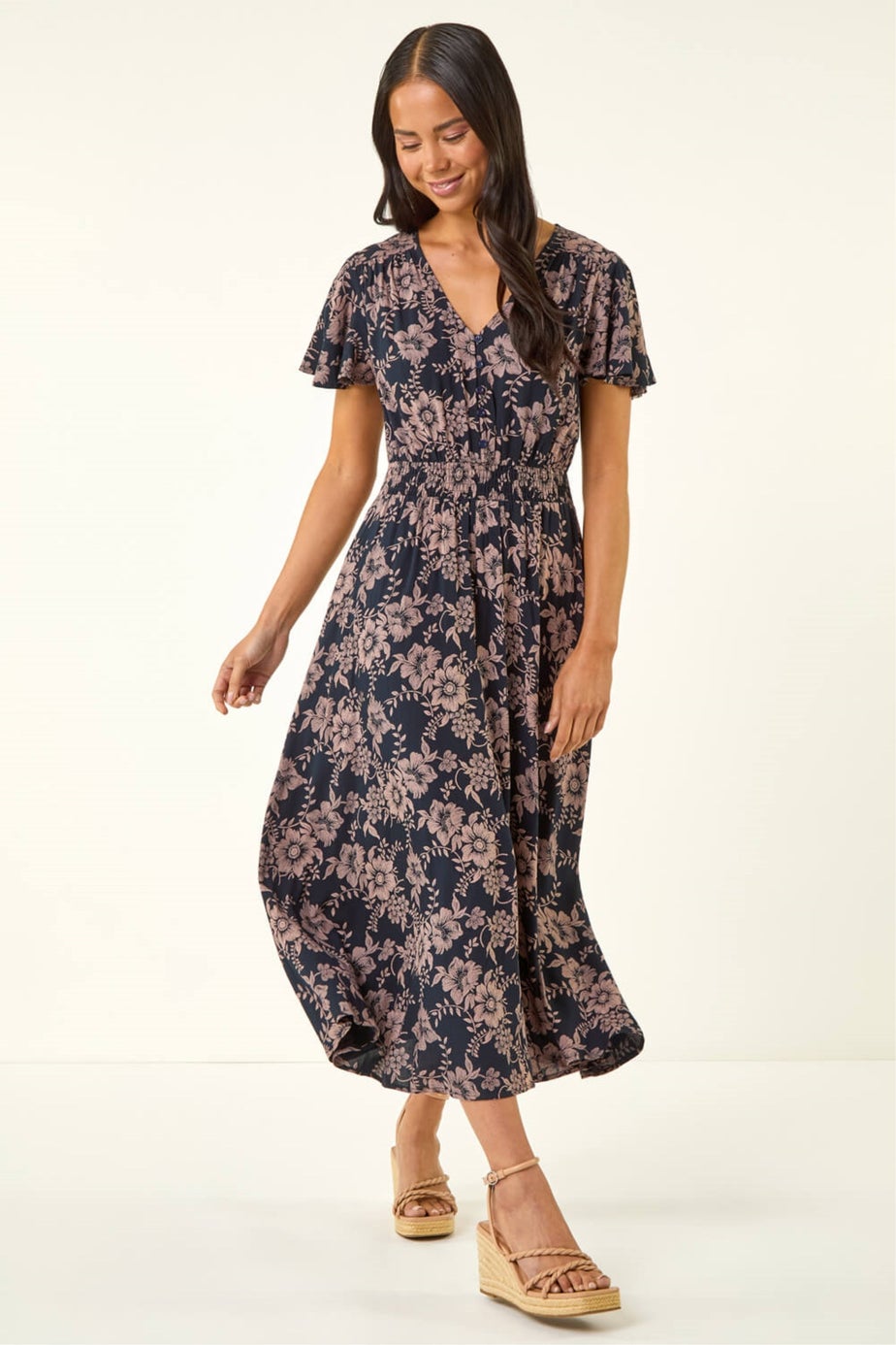 Roman Navy Petite Floral Shirred Midi Dress
