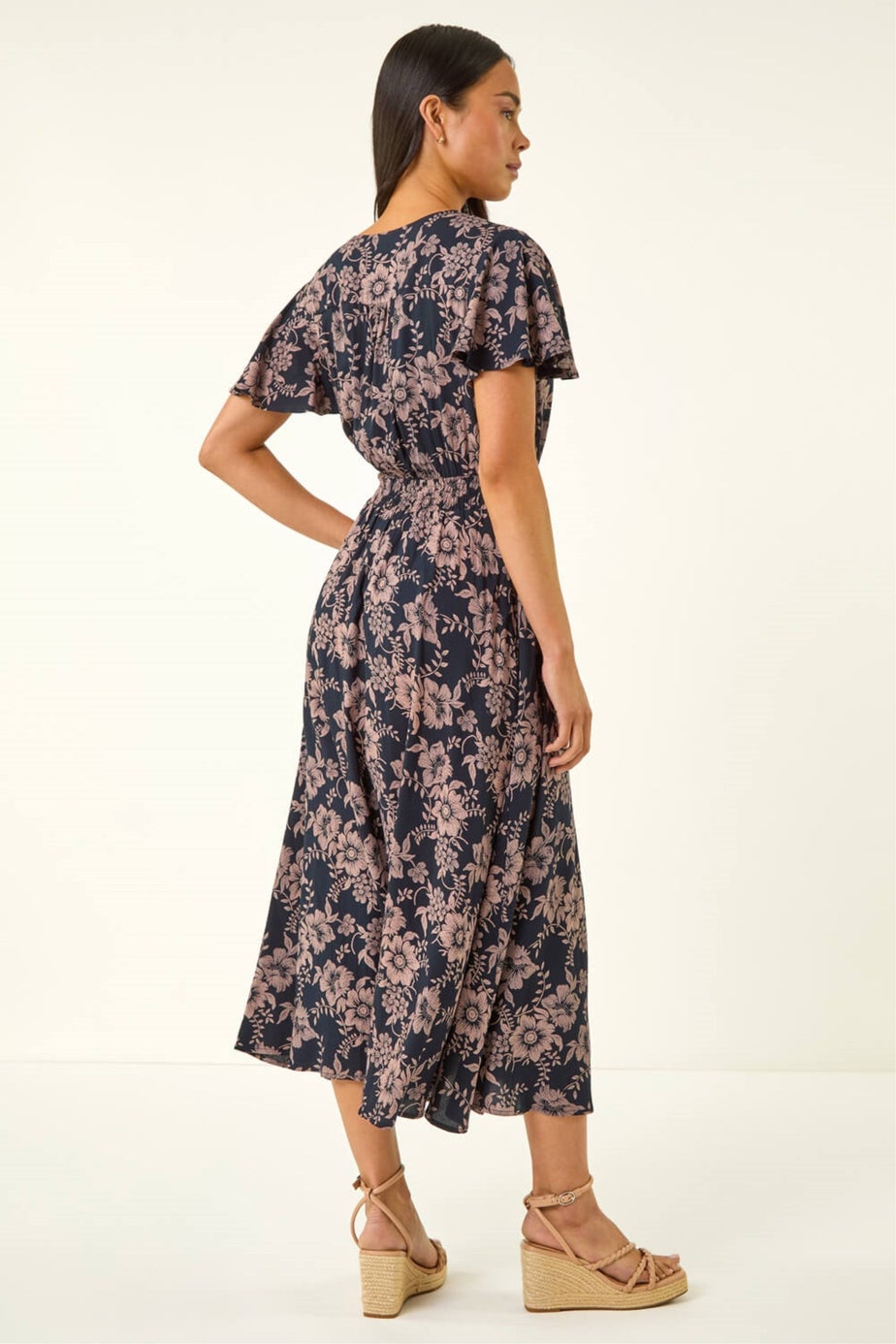 Roman Navy Petite Floral Shirred Midi Dress