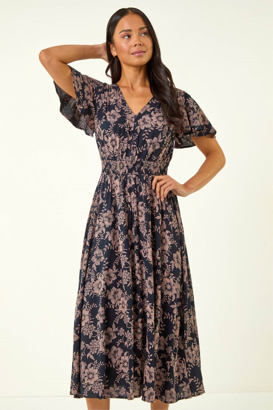 Roman Navy Petite Floral Shirred Midi Dress