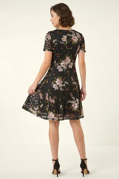 Roman Black Floral Print Lace Stretch Dress