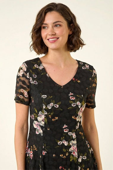Roman Black Floral Print Lace Stretch Dress