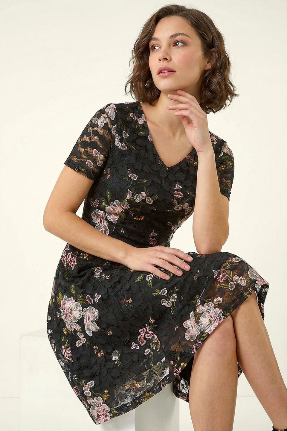 Roman Black Floral Print Lace Stretch Dress