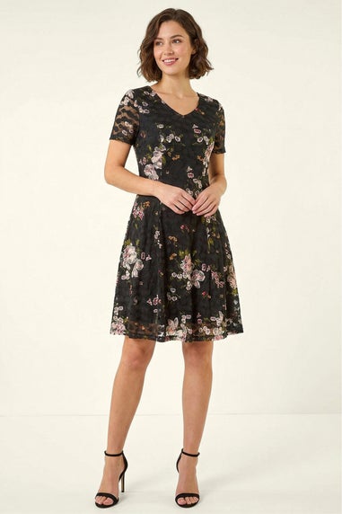 Roman Black Floral Print Lace Stretch Dress