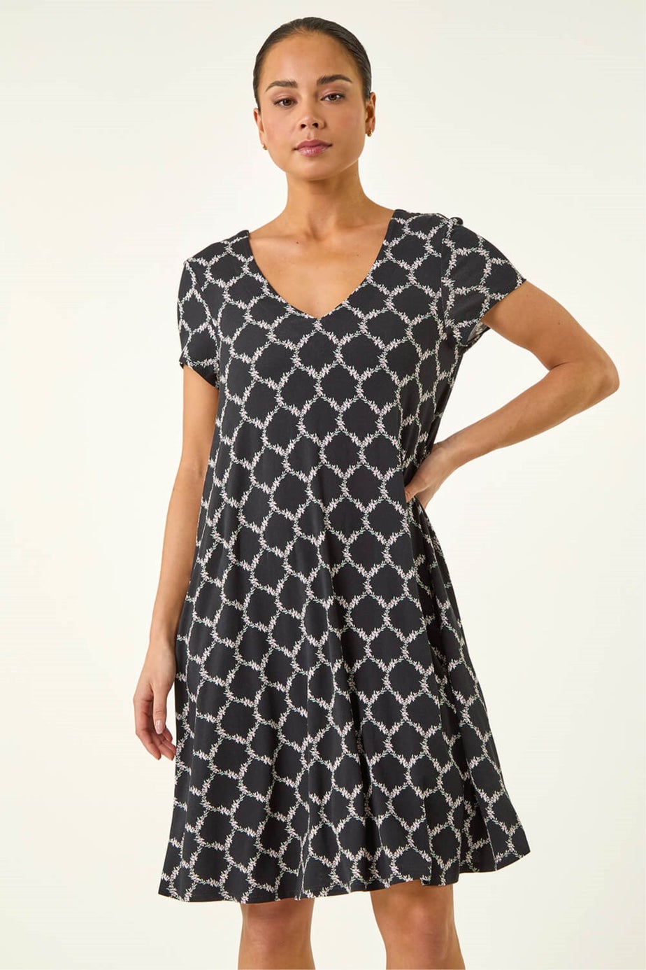 Roman Black Petite Abstract Pocket Swing Dress