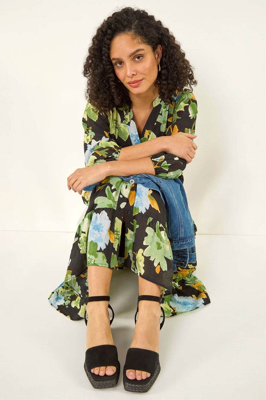 Roman Green Floral Tiered Button Midi Dress