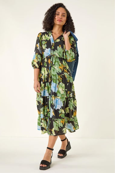 Roman Green Floral Tiered Button Midi Dress