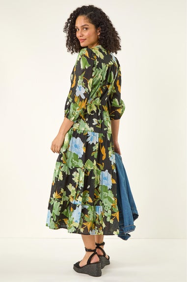 Roman Green Floral Tiered Button Midi Dress