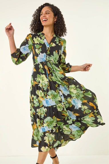 Roman Green Floral Tiered Button Midi Dress