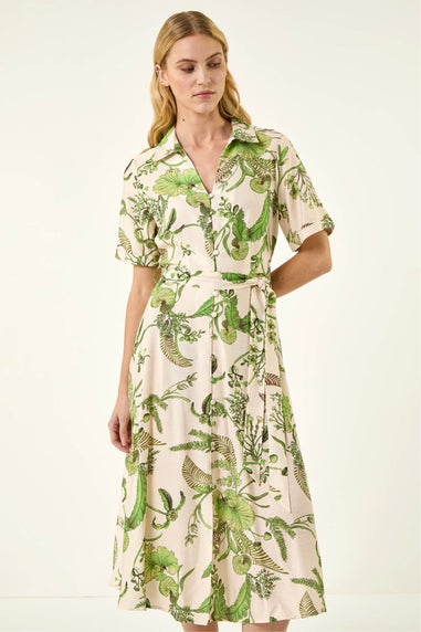 Roman Green Floral Tie Waist Shirt Dress